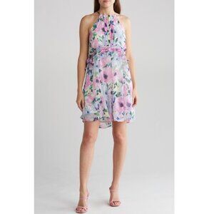 Tahari Womens Size 8 Blue Pink Floral Knife Pleat Chiffon Mini Dress Spring